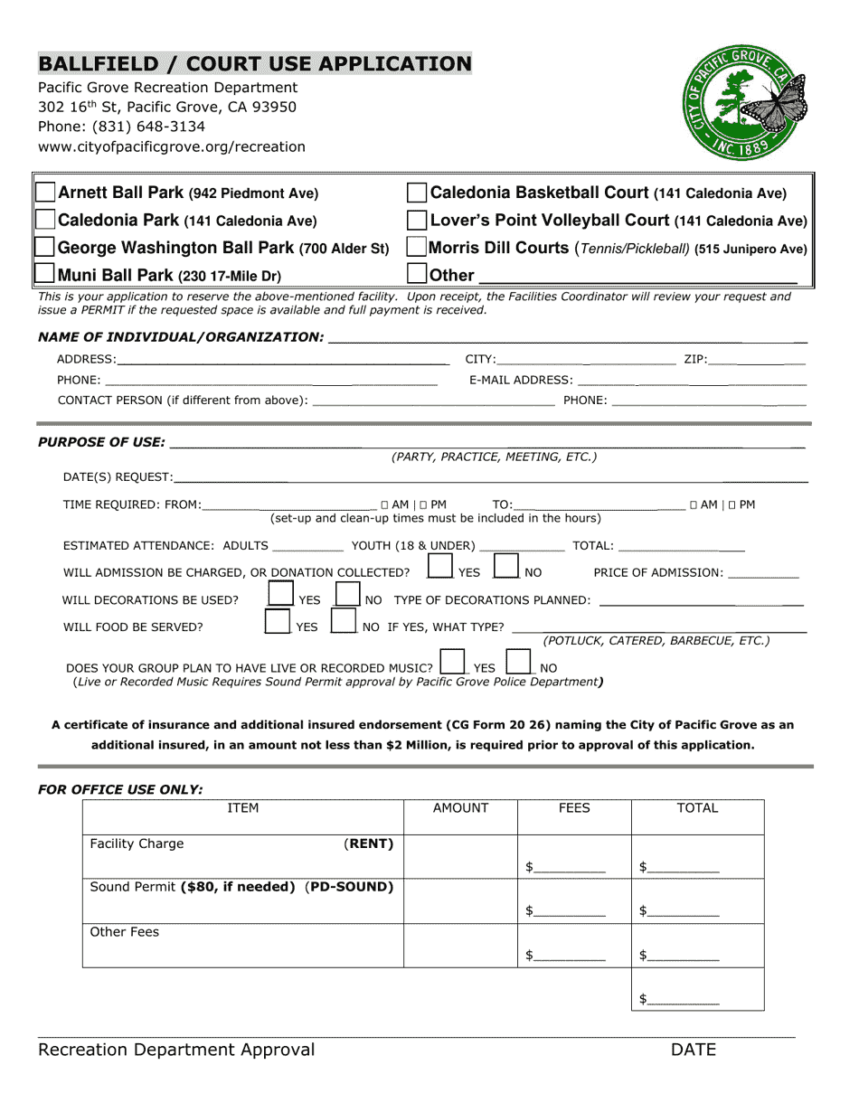 Ballfield / Court Use Application - City of Pacific Grove, California, Page 1