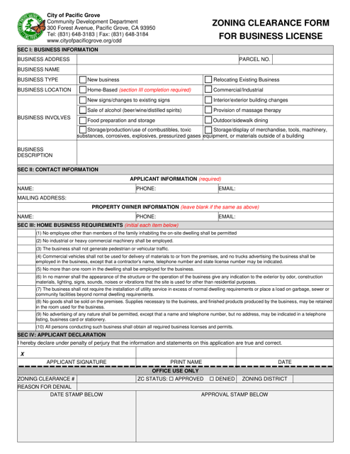 Zoning Clearance Form for Business License - City of Pacific Grove, California Download Pdf