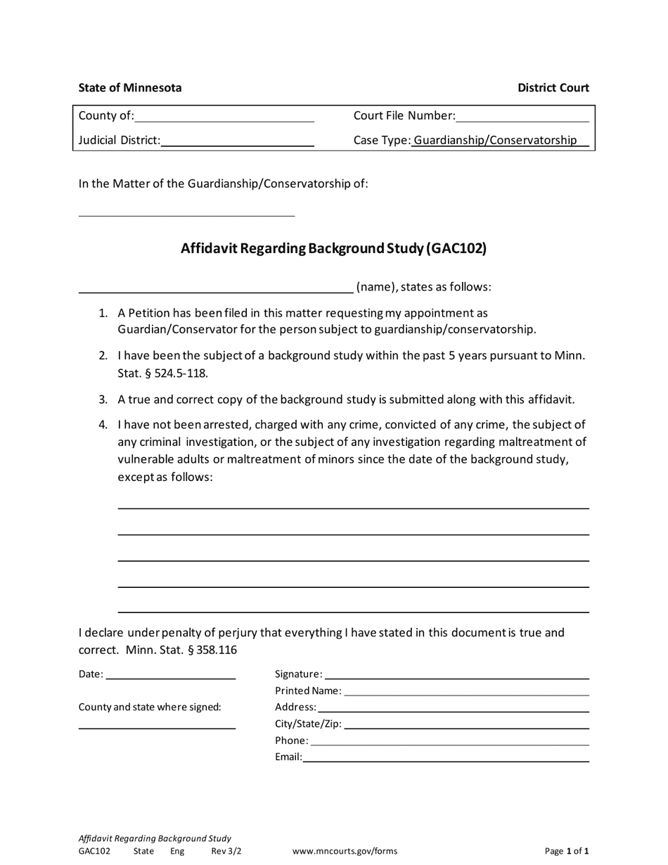 Form GAC102 Affidavit Regarding Background Study - Minnesota, Page 1