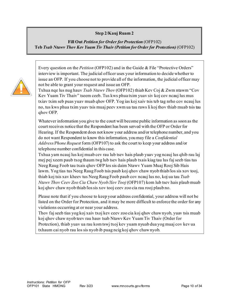 Form OFP101 Instructions - Asking for an Order for Protection - Minnesota (English / Hmong), Page 10