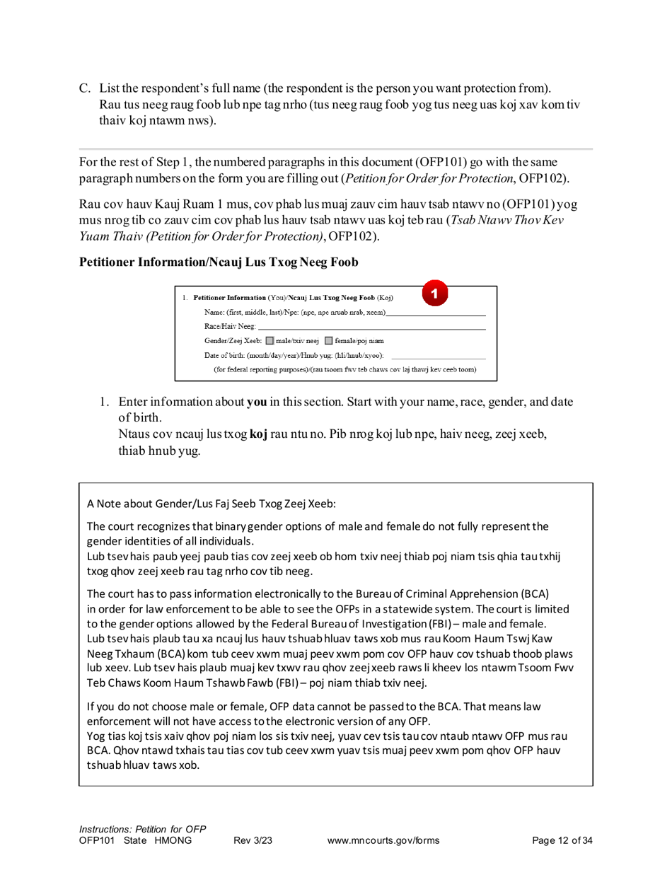 Form OFP101 Instructions - Asking for an Order for Protection - Minnesota (English / Hmong), Page 12