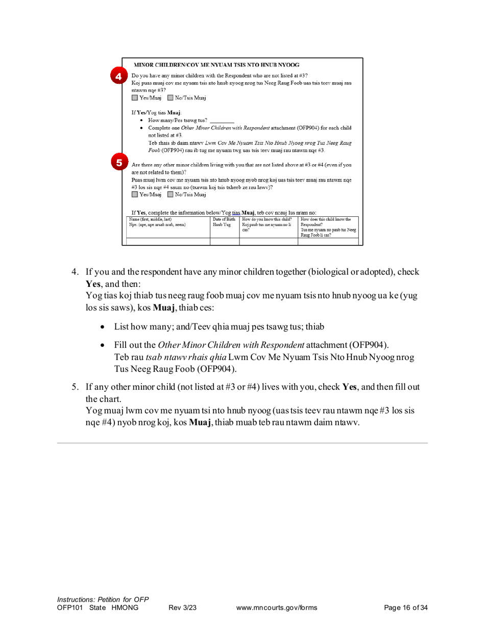 Form OFP101 Instructions - Asking for an Order for Protection - Minnesota (English / Hmong), Page 16