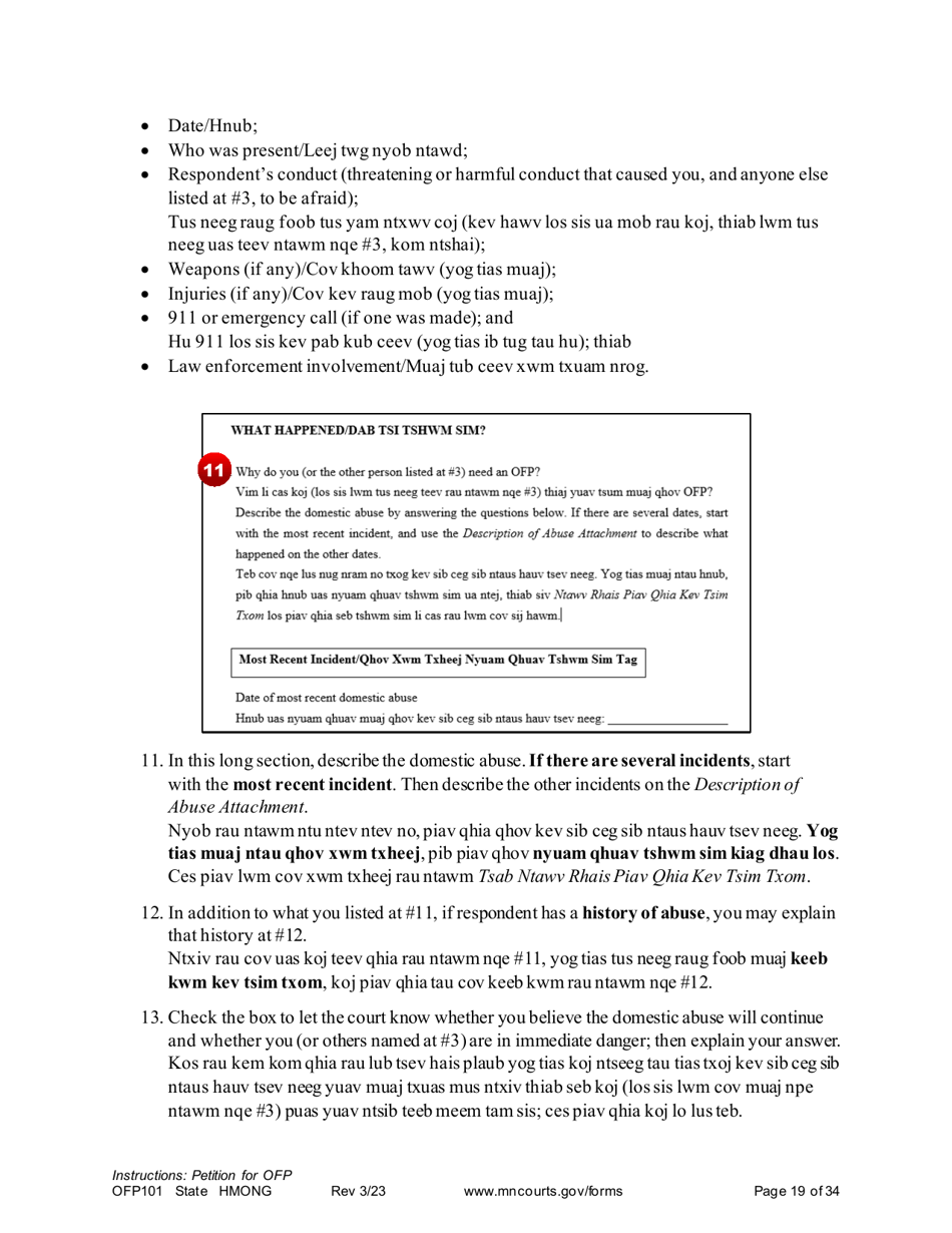 Form OFP101 Instructions - Asking for an Order for Protection - Minnesota (English / Hmong), Page 19