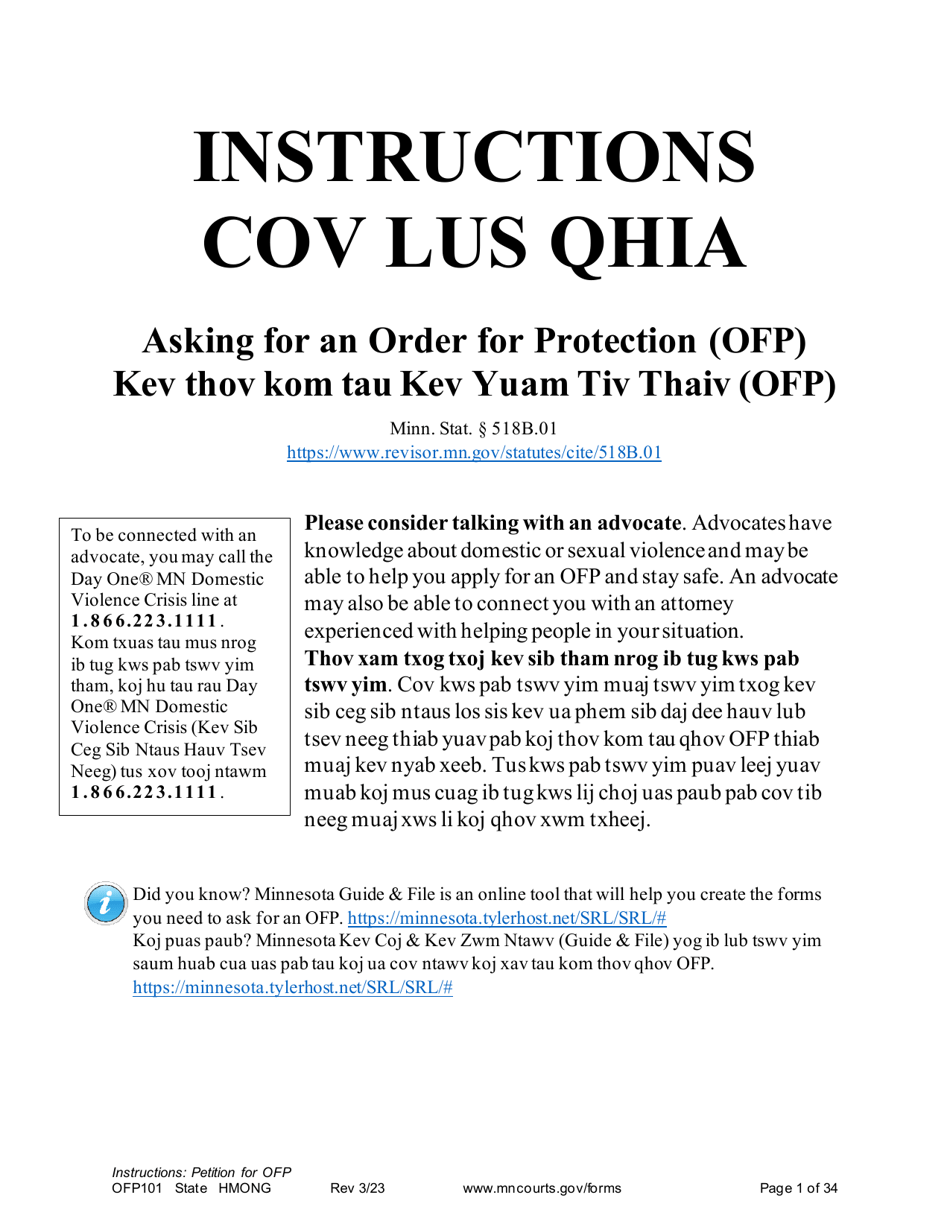 Form OFP101 Instructions - Asking for an Order for Protection - Minnesota (English / Hmong), Page 1