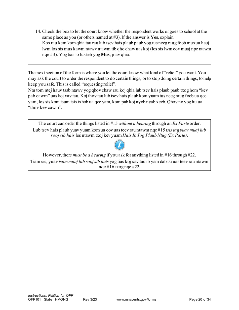 Form OFP101 Instructions - Asking for an Order for Protection - Minnesota (English / Hmong), Page 20