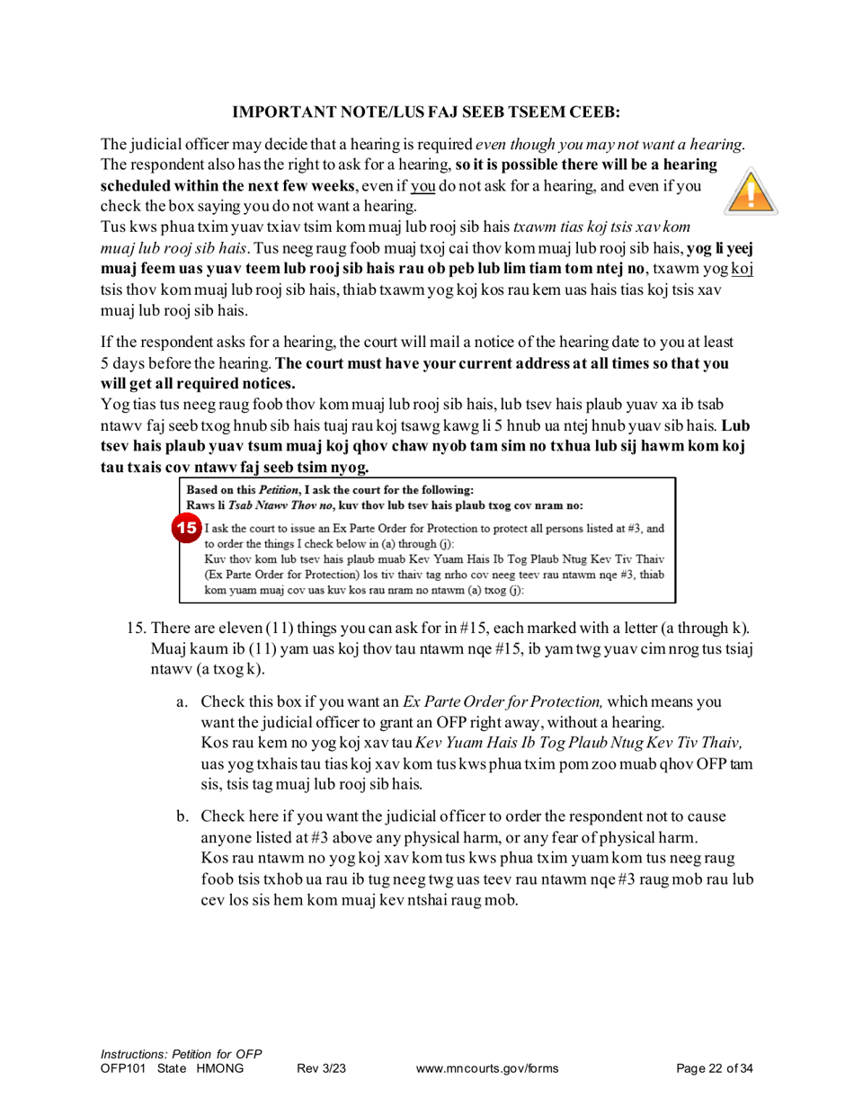 Form OFP101 Instructions - Asking for an Order for Protection - Minnesota (English / Hmong), Page 22
