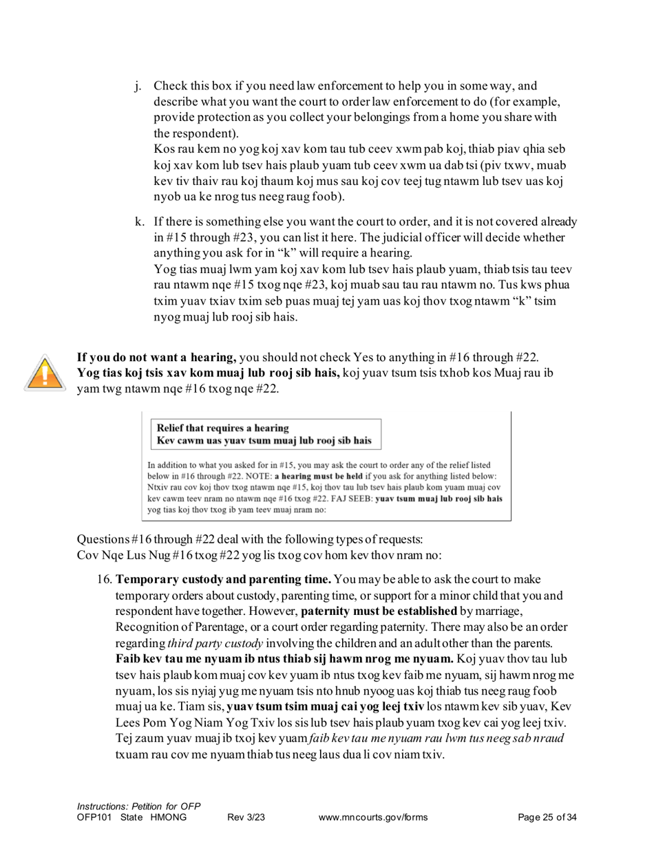 Form OFP101 Instructions - Asking for an Order for Protection - Minnesota (English / Hmong), Page 25