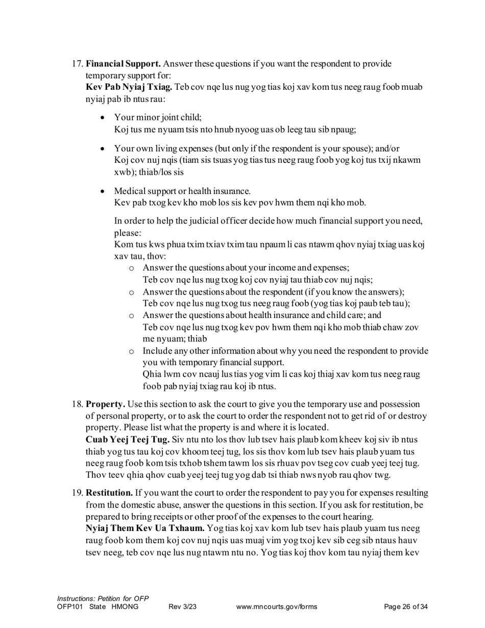 Form OFP101 Instructions - Asking for an Order for Protection - Minnesota (English / Hmong), Page 26