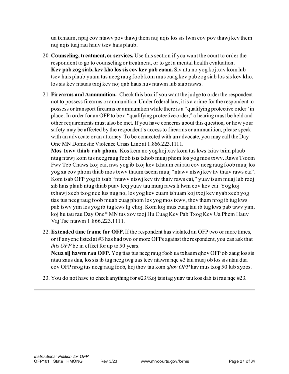 Form OFP101 Instructions - Asking for an Order for Protection - Minnesota (English / Hmong), Page 27