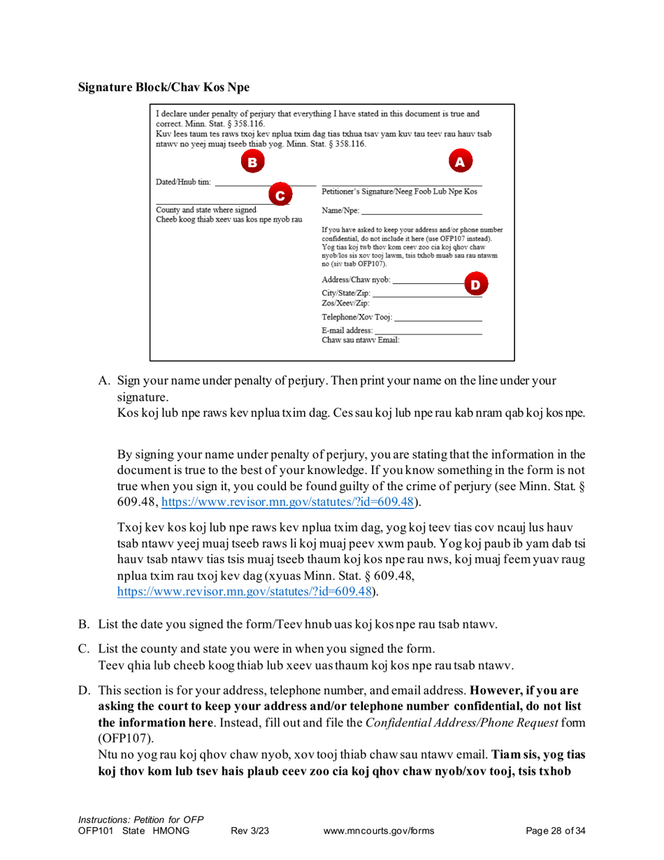 Form OFP101 Instructions - Asking for an Order for Protection - Minnesota (English / Hmong), Page 28