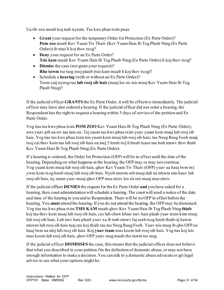 Form OFP101 Instructions - Asking for an Order for Protection - Minnesota (English / Hmong), Page 31