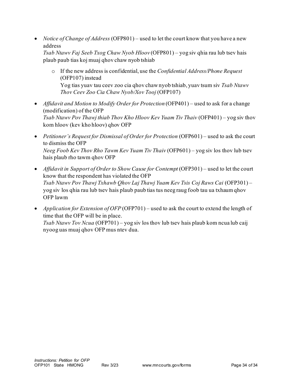 Form OFP101 Instructions - Asking for an Order for Protection - Minnesota (English / Hmong), Page 34