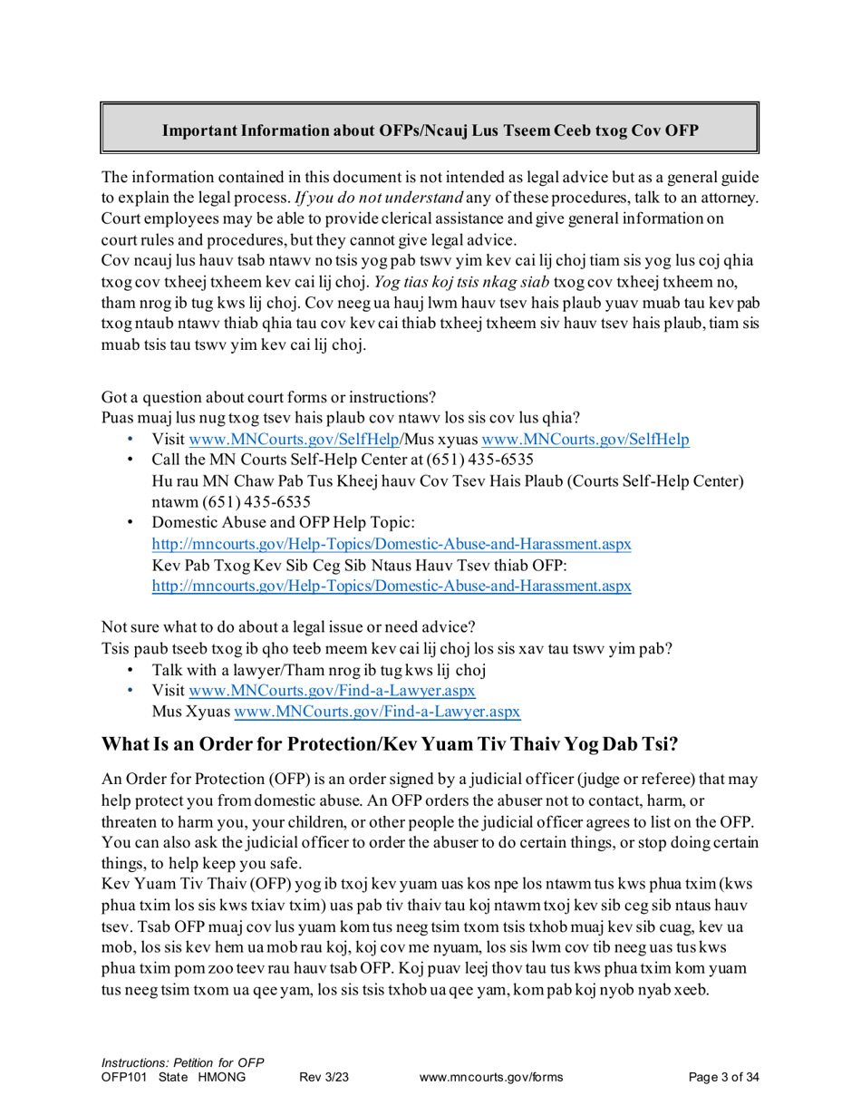 Form OFP101 Instructions - Asking for an Order for Protection - Minnesota (English / Hmong), Page 3