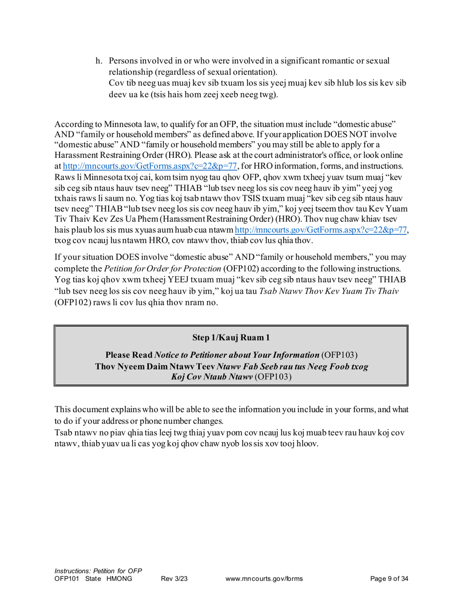 Form OFP101 Instructions - Asking for an Order for Protection - Minnesota (English / Hmong), Page 9