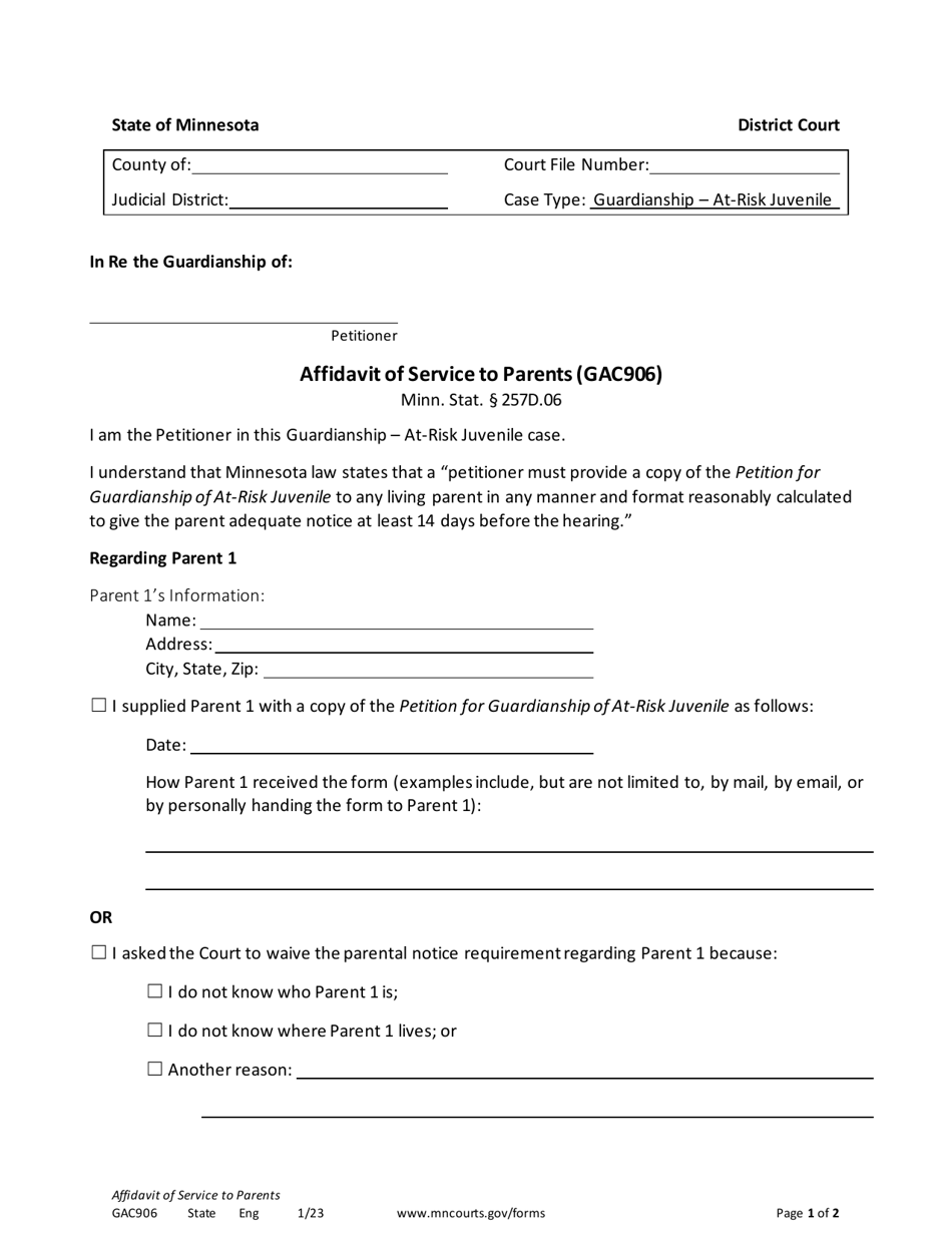 Form GAC906 Affidavit of Service to Parents - Minnesota, Page 1