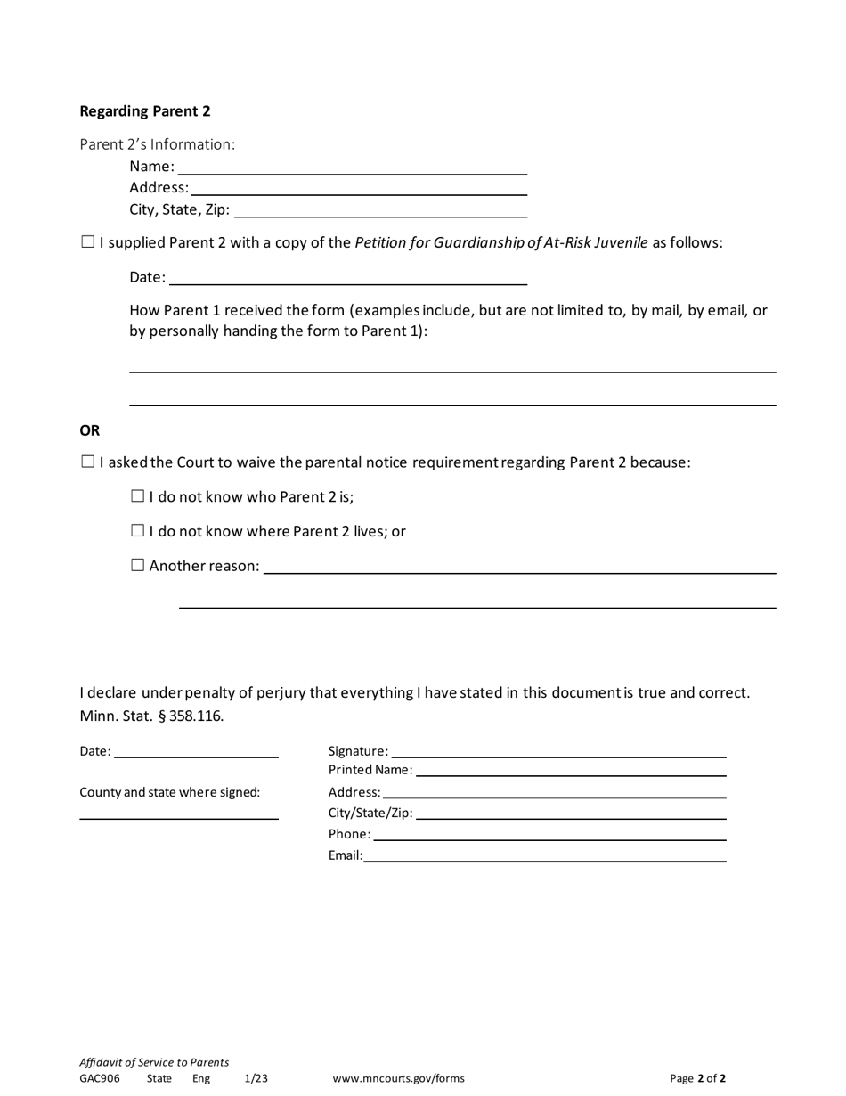 Form GAC906 Affidavit of Service to Parents - Minnesota, Page 2