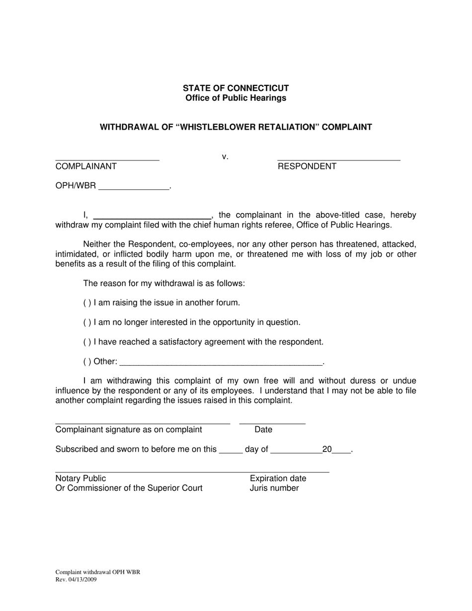 Withdrawal of whistleblower Retaliation Complaint - Connecticut, Page 1