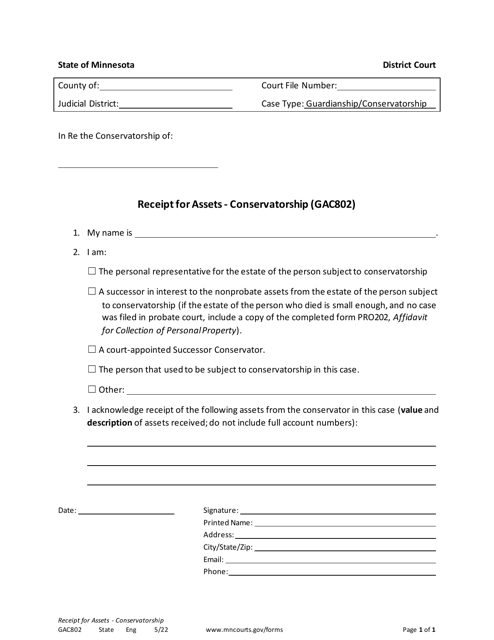Form GAC802 Receipt for Assets - Conservatorship - Minnesota