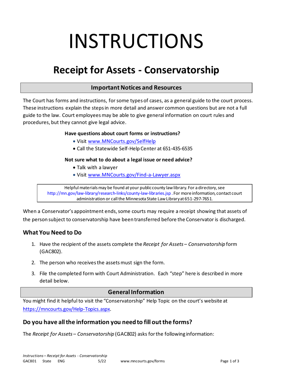 Form GAC801 Instructions - Receipt for Assets - Conservatorship - Minnesota, Page 1