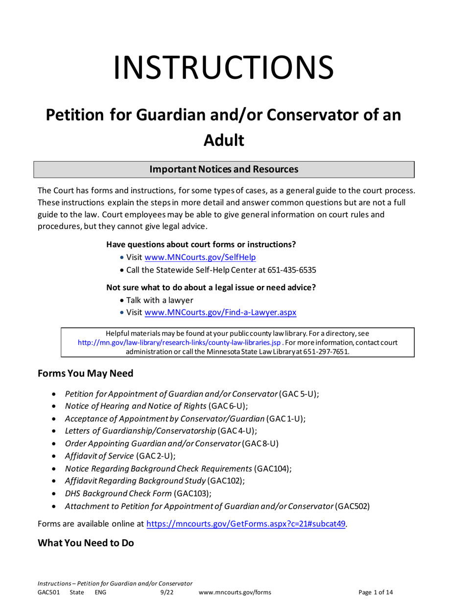 Form GAC501 Instructions - Petition for Guardian and / or Conservator of an Adult - Minnesota, Page 1