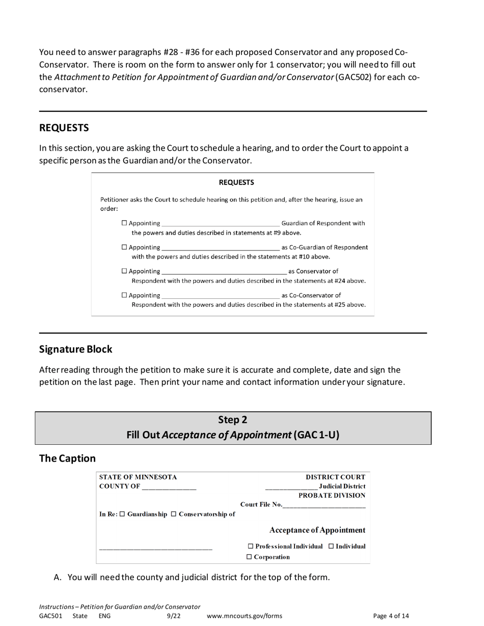 Form GAC501 Instructions - Petition for Guardian and / or Conservator of an Adult - Minnesota, Page 4
