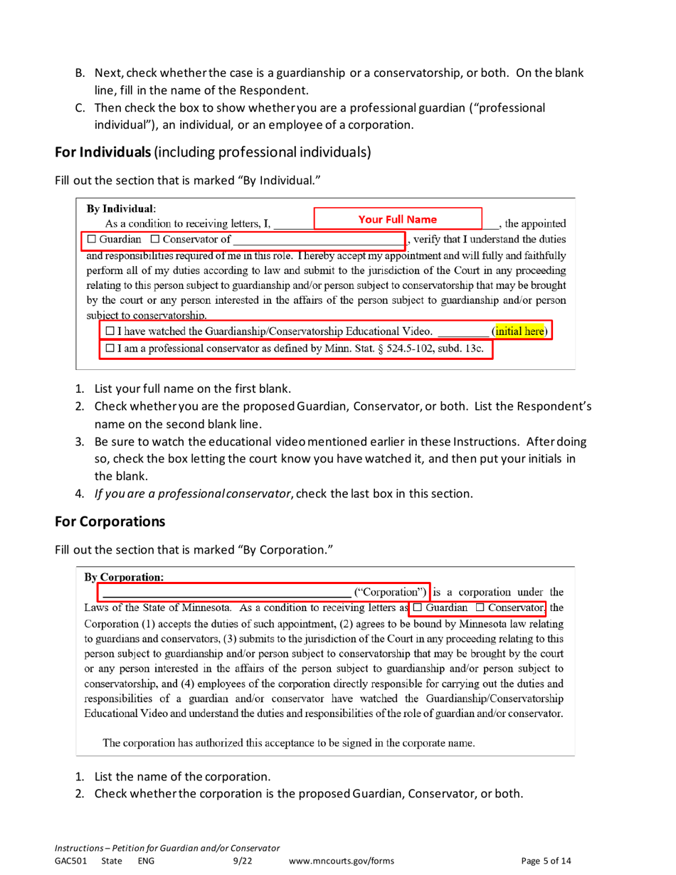 Form GAC501 Instructions - Petition for Guardian and / or Conservator of an Adult - Minnesota, Page 5