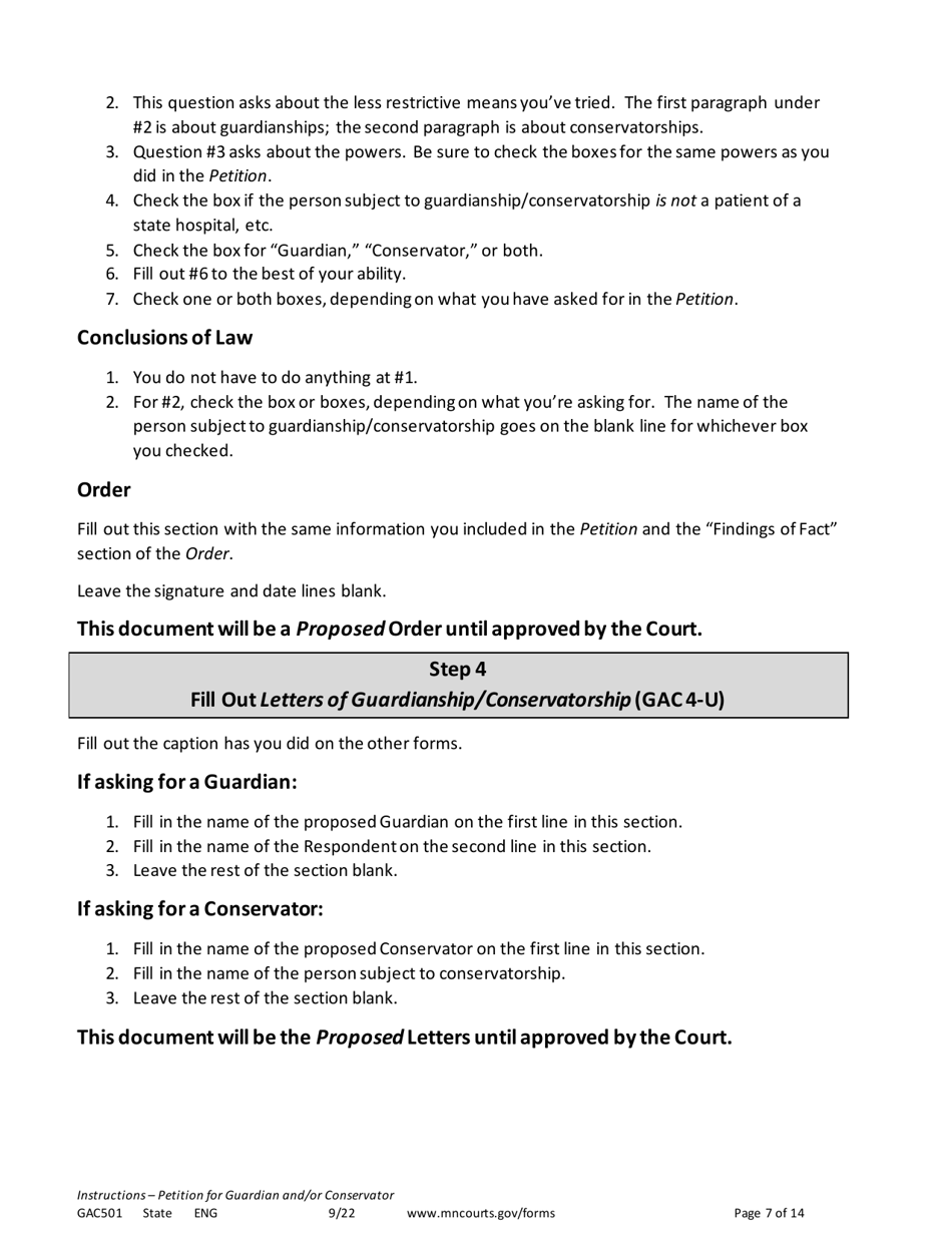 Form GAC501 Instructions - Petition for Guardian and / or Conservator of an Adult - Minnesota, Page 7