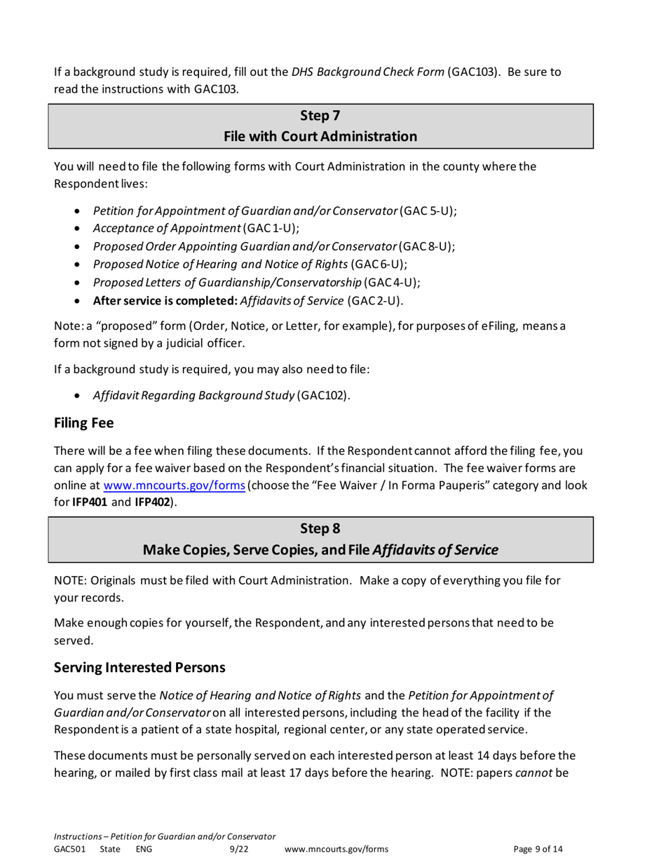 Form GAC501 Instructions - Petition for Guardian and / or Conservator of an Adult - Minnesota, Page 9