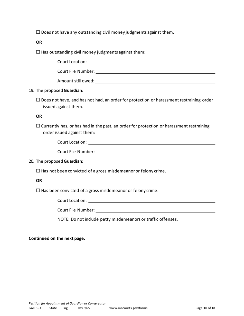 Form GAC5-U Petition for Appointment of General Conservator or Guardian - Minnesota, Page 10