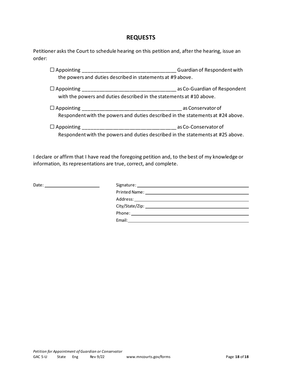 Form GAC5-U Petition for Appointment of General Conservator or Guardian - Minnesota, Page 18