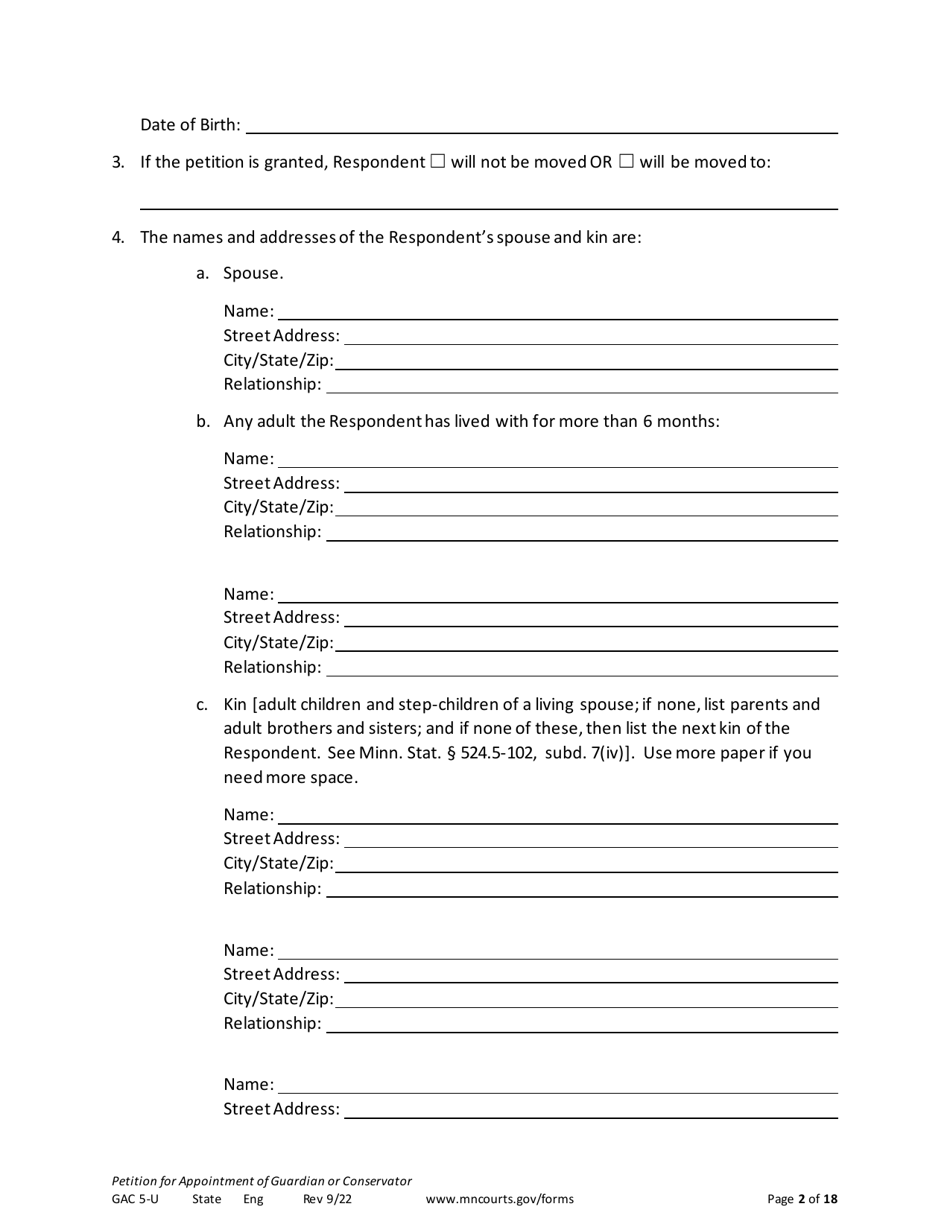 Form GAC5-U Petition for Appointment of General Conservator or Guardian - Minnesota, Page 2