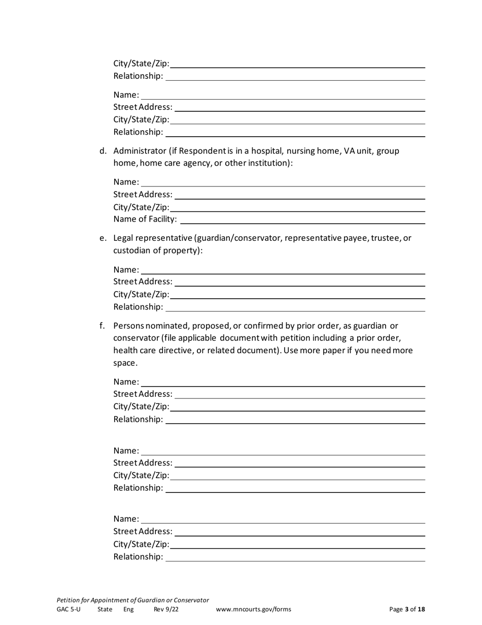 Form GAC5-U Petition for Appointment of General Conservator or Guardian - Minnesota, Page 3