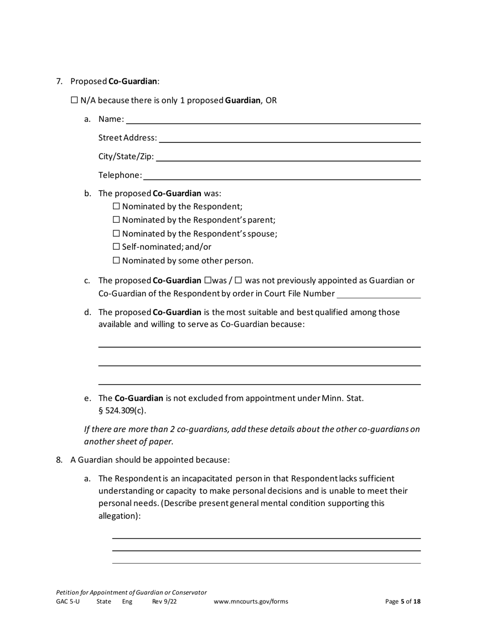 Form GAC5-U Petition for Appointment of General Conservator or Guardian - Minnesota, Page 5