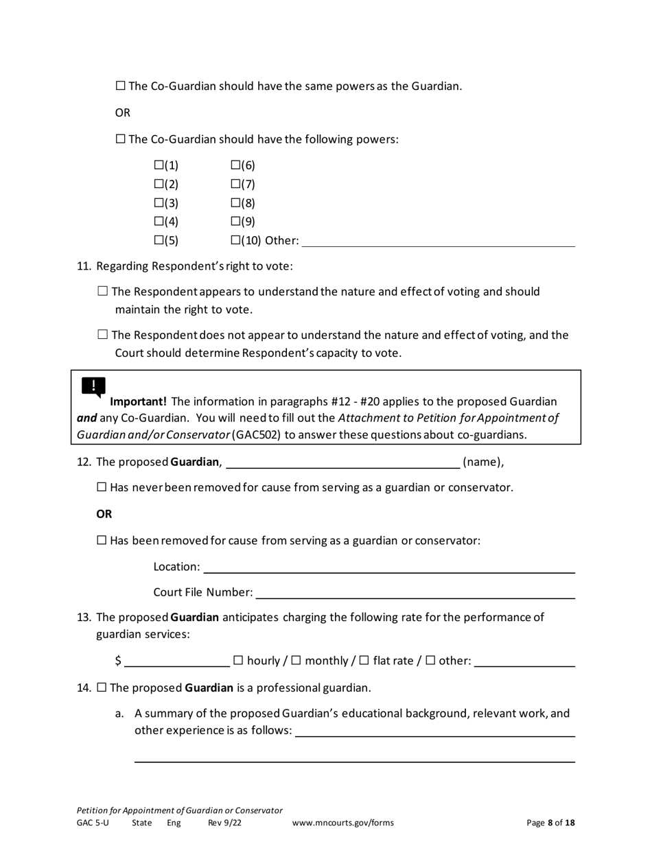 Form GAC5-U Petition for Appointment of General Conservator or Guardian - Minnesota, Page 8
