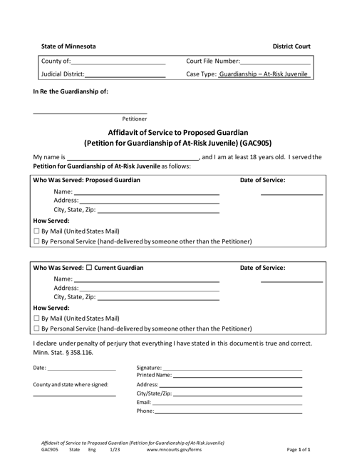 Form GAC905 Affidavit of Service to Proposed Guardian (Petition for Guardianship of at-Risk Juvenile) - Minnesota