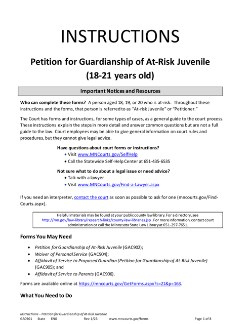 Form GAC901 Instructions - Petition for Guardianship of at-Risk Juvenile (18-21 Years Old) - Minnesota