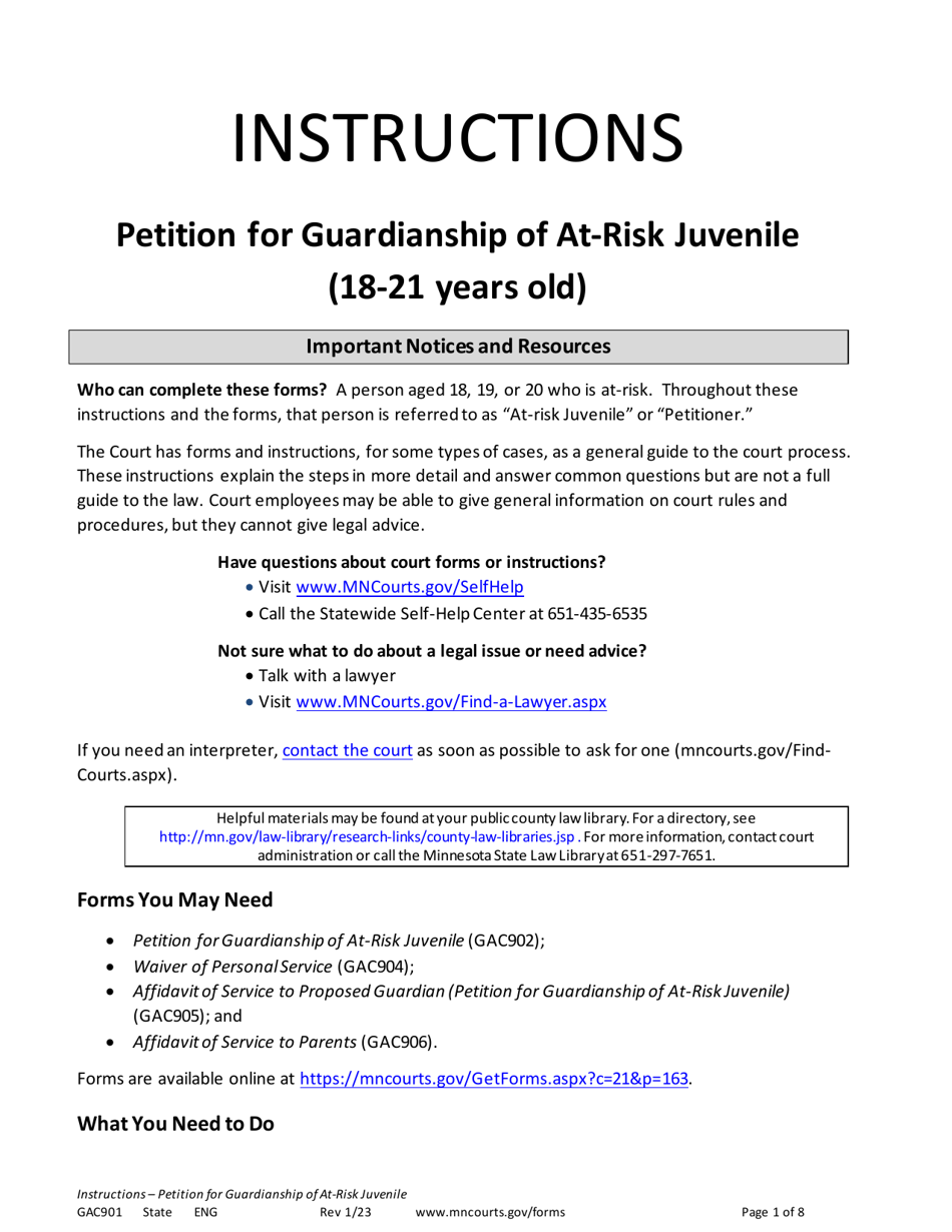 Form GAC901 Instructions - Petition for Guardianship of at-Risk Juvenile (18-21 Years Old) - Minnesota, Page 1