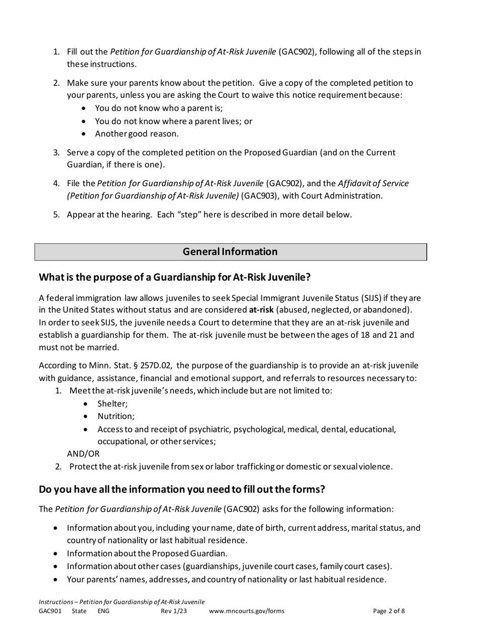 Form GAC901 Instructions - Petition for Guardianship of at-Risk Juvenile (18-21 Years Old) - Minnesota, Page 2