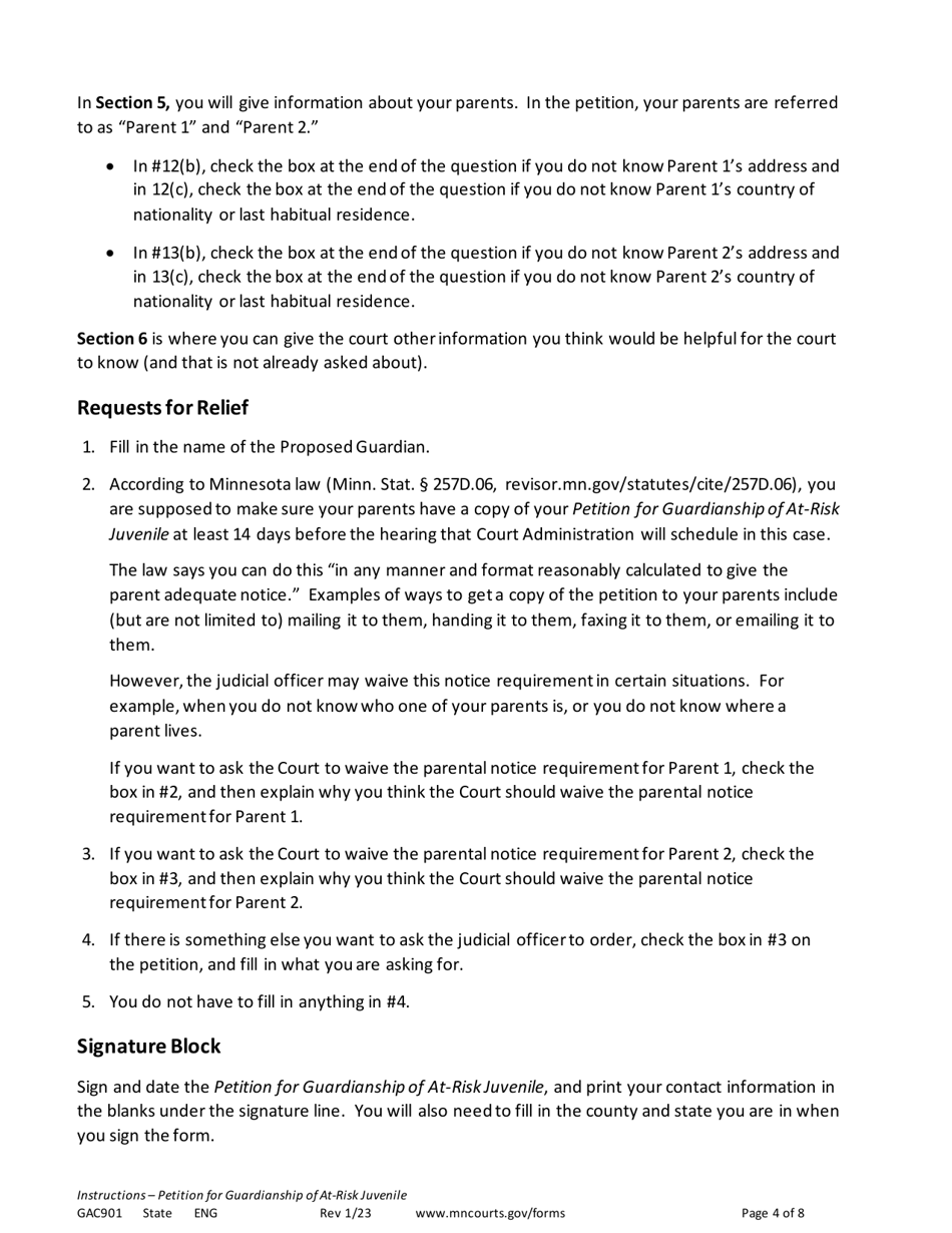 Form GAC901 Instructions - Petition for Guardianship of at-Risk Juvenile (18-21 Years Old) - Minnesota, Page 4