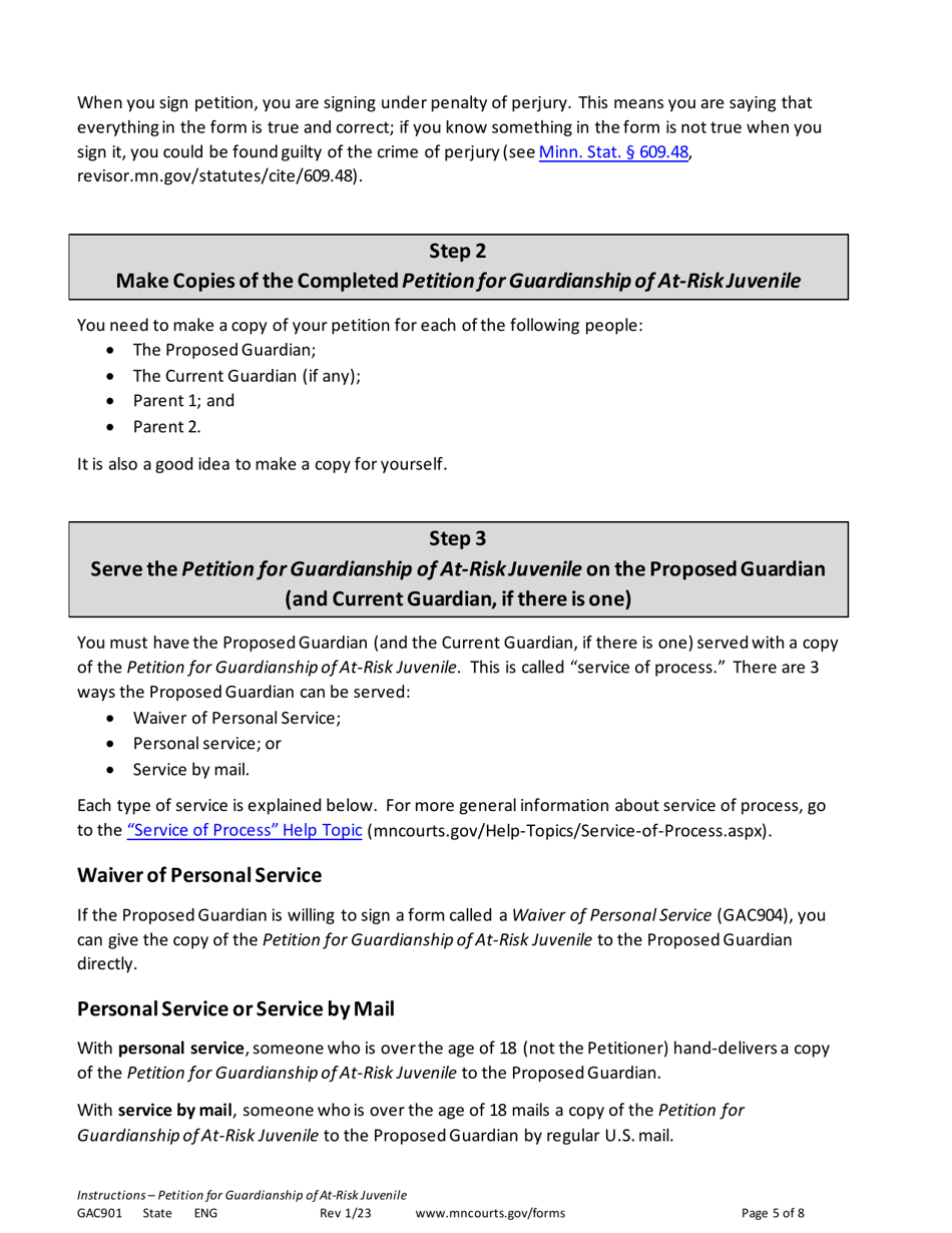 Form GAC901 Instructions - Petition for Guardianship of at-Risk Juvenile (18-21 Years Old) - Minnesota, Page 5