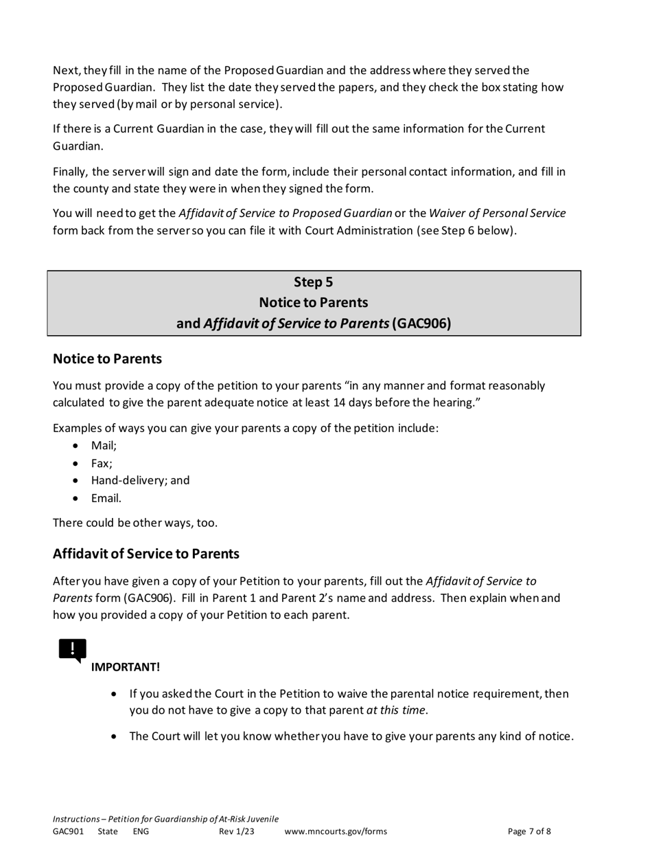 Form GAC901 Instructions - Petition for Guardianship of at-Risk Juvenile (18-21 Years Old) - Minnesota, Page 7