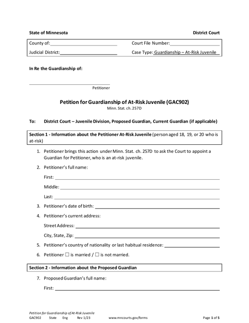 Form GAC902 Petition for Guardianship of at-Risk Juvenile - Minnesota