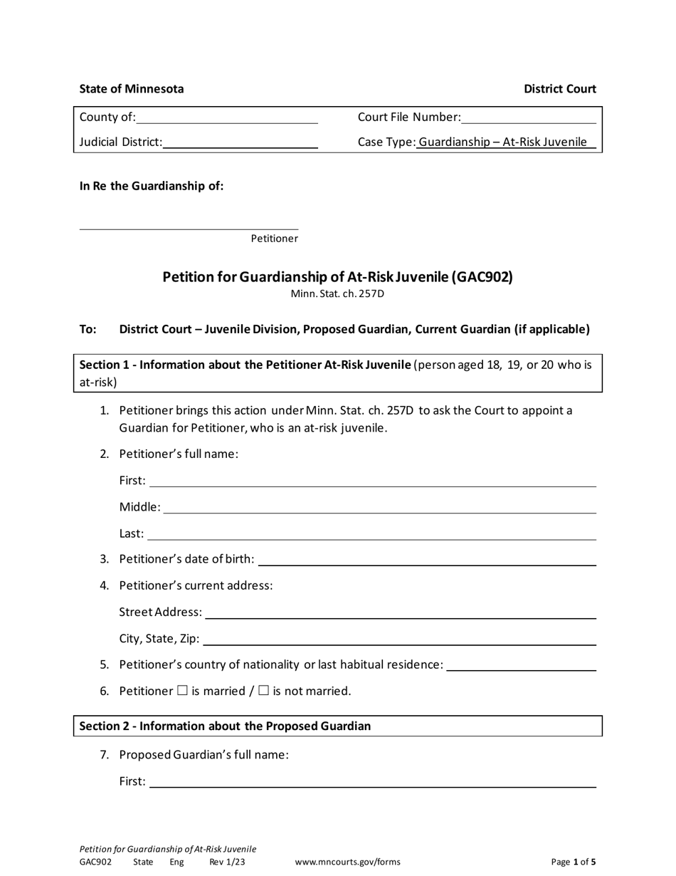 Form GAC902 Petition for Guardianship of at-Risk Juvenile - Minnesota, Page 1