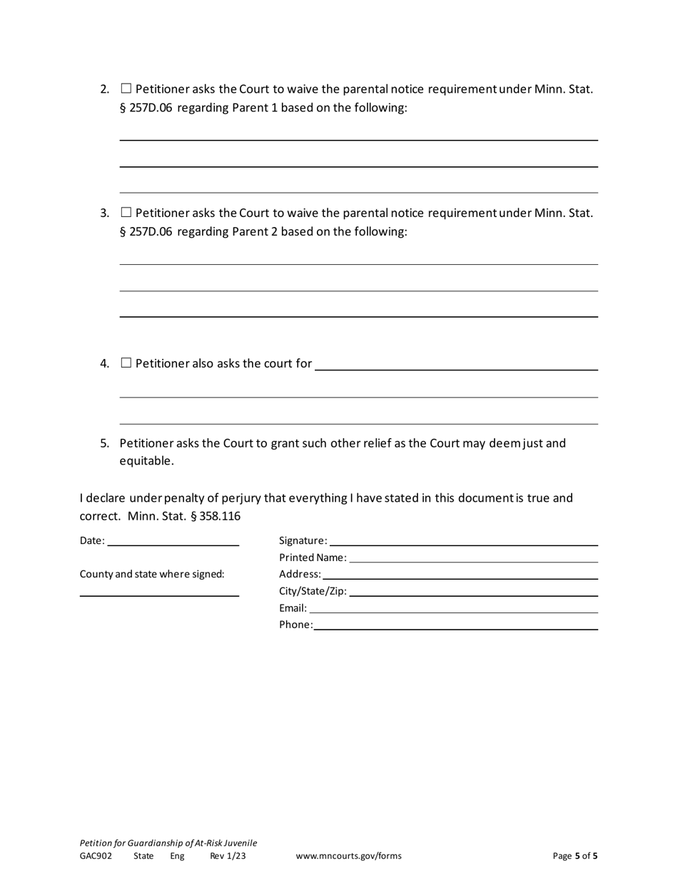 Form GAC902 Petition for Guardianship of at-Risk Juvenile - Minnesota, Page 5