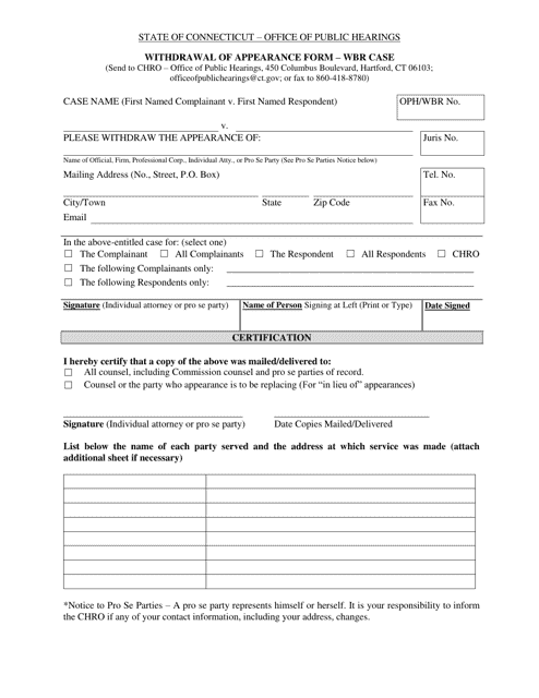 Withdrawal of Appearance Form - Wbr Case - Connecticut Download Pdf