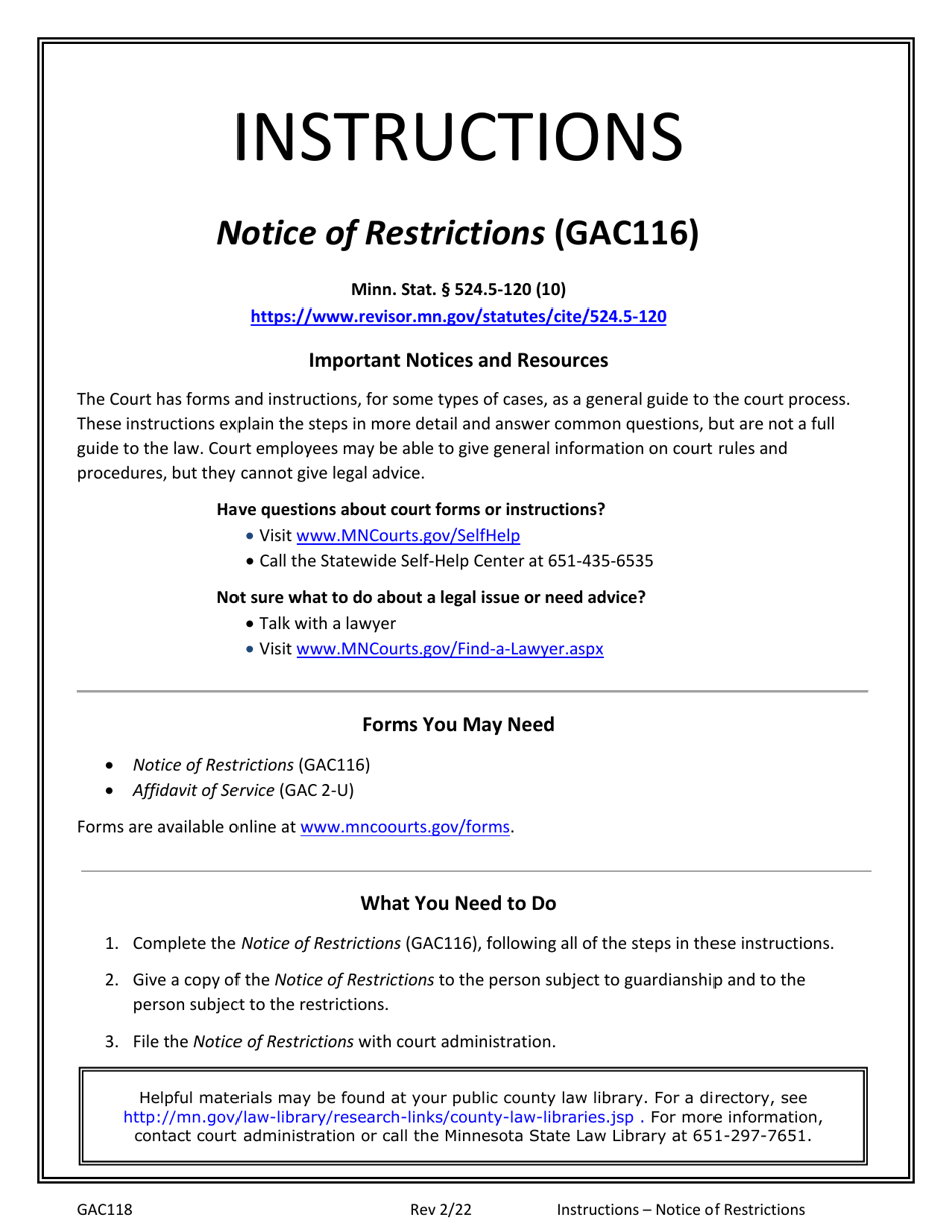 Instructions for Form GAC116 Notice of Restrictions - Minnesota, Page 1