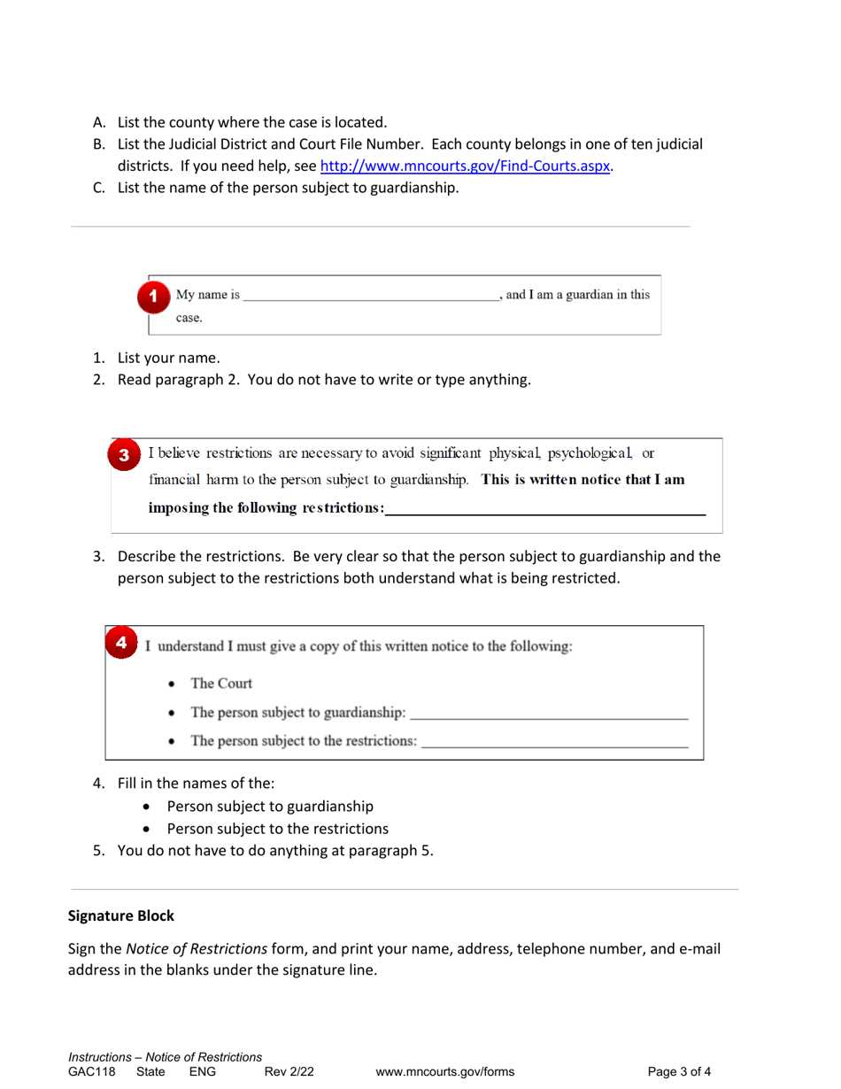 Instructions for Form GAC116 Notice of Restrictions - Minnesota, Page 3