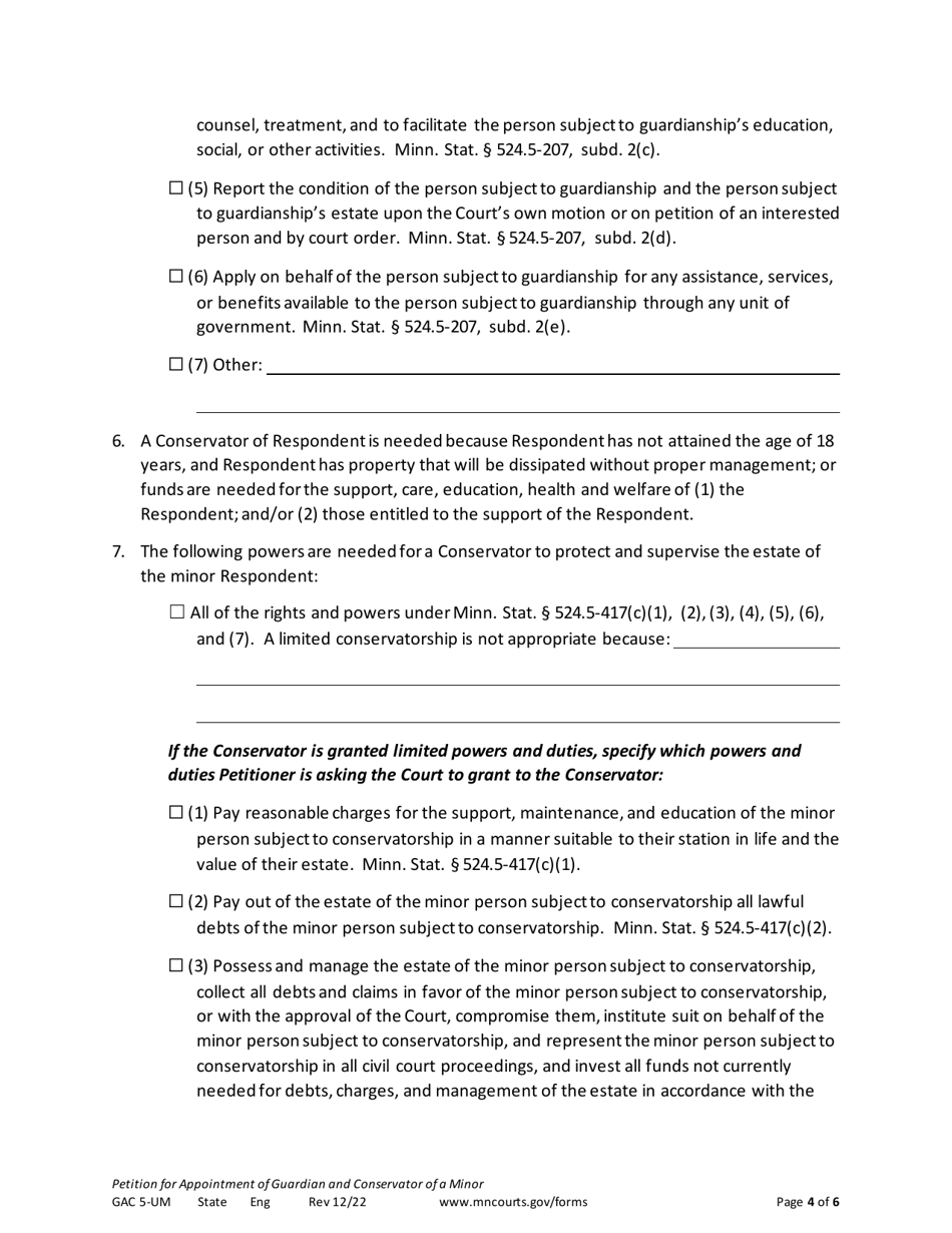 Form GAC5-UM Petition for Appointment of Guardian and Conservator of a Minor - Minnesota, Page 4