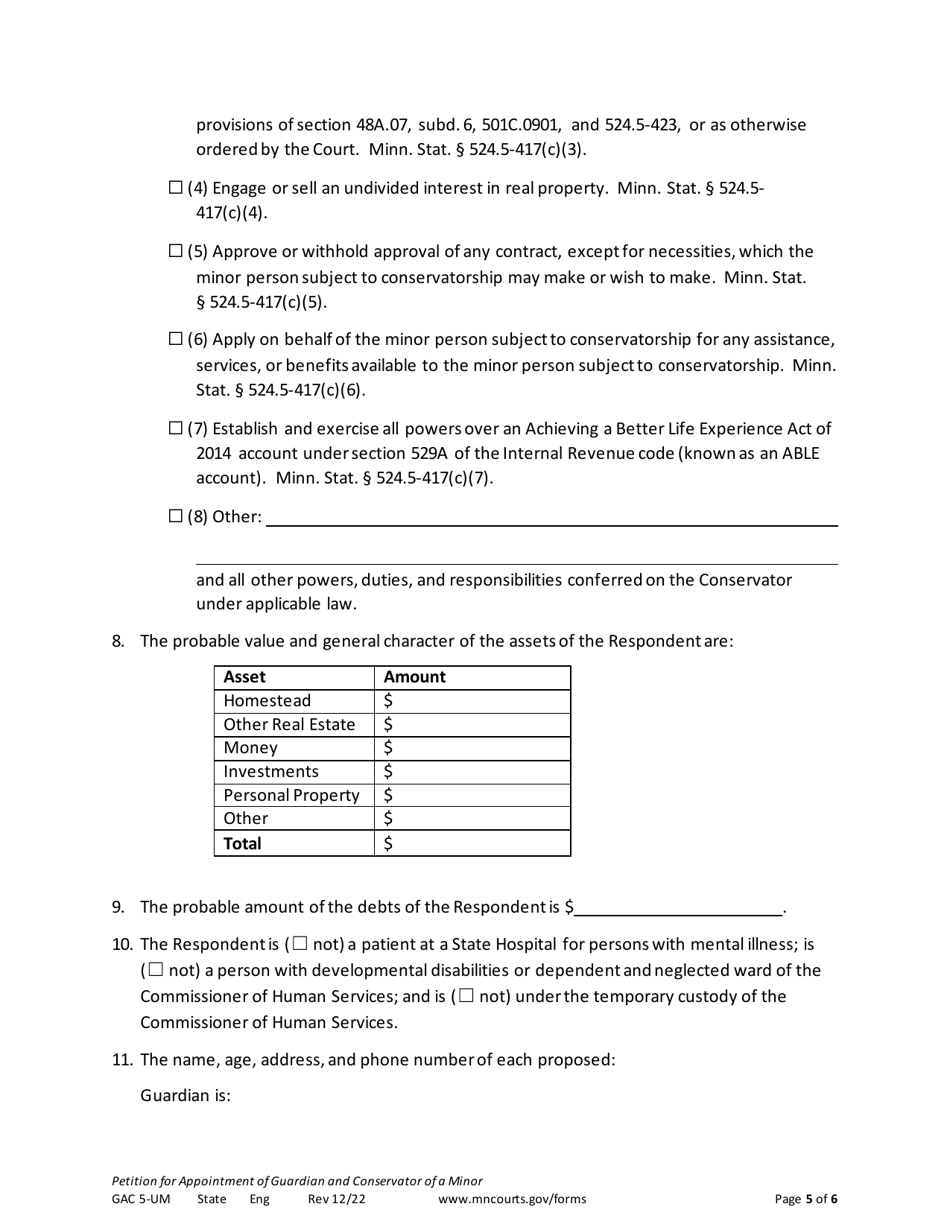 Form GAC5-UM Petition for Appointment of Guardian and Conservator of a Minor - Minnesota, Page 5