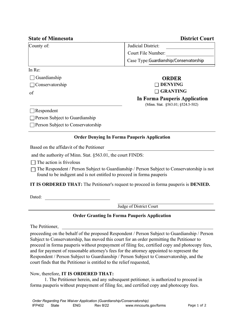 Form IFP402 Order for Proceeding in Forma Pauperis (Guardianship / Conservatorship) - Minnesota, Page 1